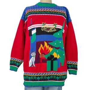 Vintage HKA Design Multicolored Cat Fireplace Embroidered Christmas Sweater (L)